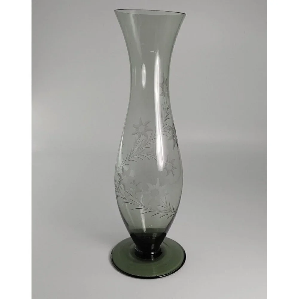 Vintage Floral Cut Glass Footed Clear Decorative Flared Bud Vase